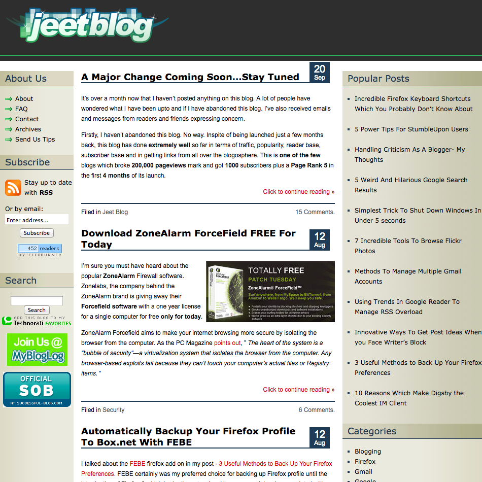 Jeet Blog home page in 2008
